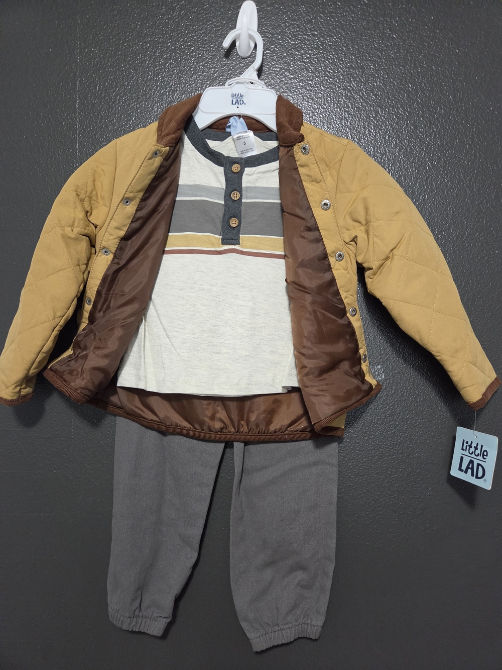 Little LAD Boys' Mustard Quilted Jacket Matching Set with Gray Pants